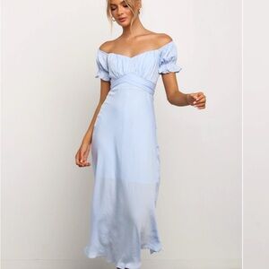 Petal & Pup Light Blue Off-Shoulder Midi Dress